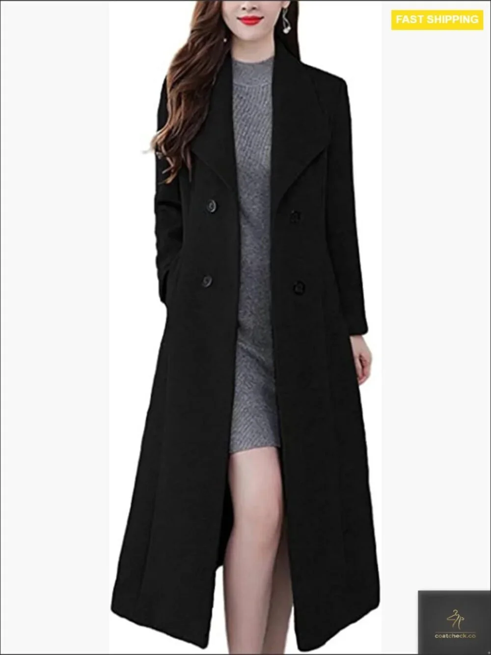 Wool Blend Pea Coat Double Breasted Shawl Collar Trench Maxi Winter Warm